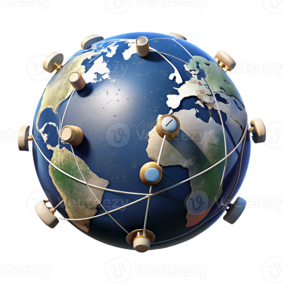 vibrant abstract A network of satellites orbiting a stylized Earth, illuminated by the sun's rays and city lights, rendered in a realistic, space exploration style high quality png