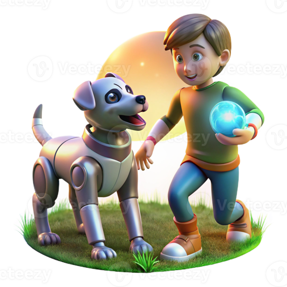 serene creative A robotic dog playing fetch with a child in a sun-drenched park, lens flare adding a warm glow. Lifestyle photography style professional png