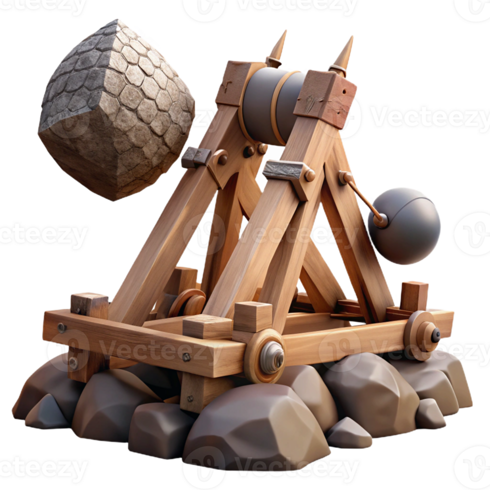 serene traditional A medieval siege engine hurls a massive boulder at a castle wall. Dramatic action scene, historical fantasy style original png