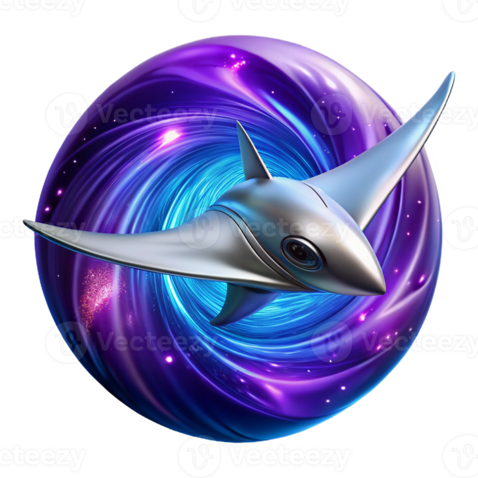 wonderful contemporary A sleek, chrome spaceship, shaped like a manta ray, soars through a swirling vortex of vibrant purple and blue nebulae. Dramatic, contrasting lighting. Art Deco style original png