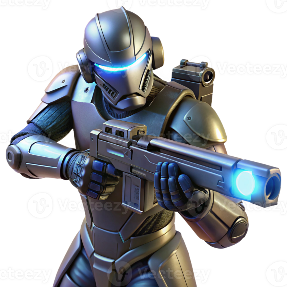 dramatic rustic A futuristic soldier wearing powered armor, aiming a plasma rifle. Dramatic, spotlight lighting. Military sci-fi style high quality png