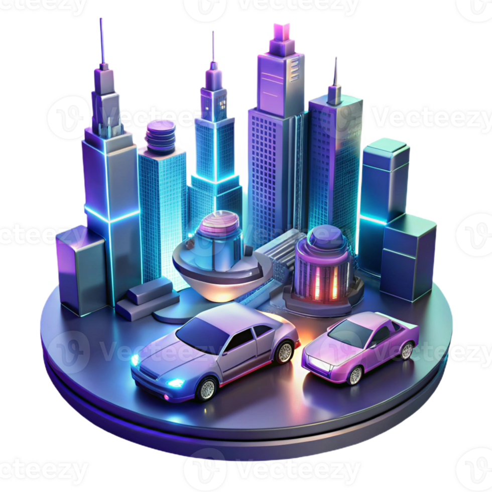 dramatic contemporary A futuristic cityscape with flying cars and holographic advertisements, illuminated by neon lights, in a cyberpunk style exclusive png