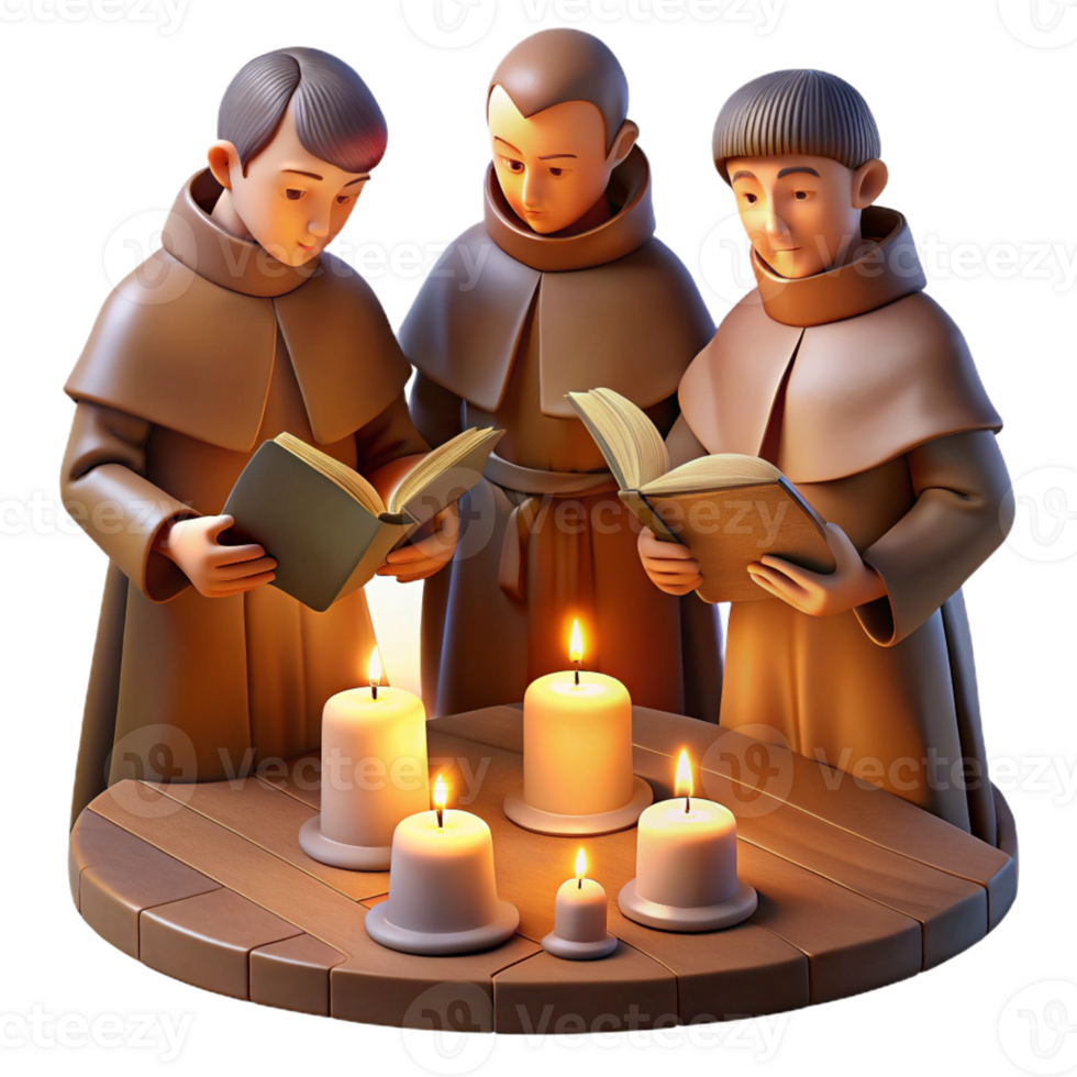 dramatic rustic A group of monks meticulously illuminating a manuscript in a dimly lit scriptorium, lit by the warm glow of oil lamps, in a medieval miniature style professional png