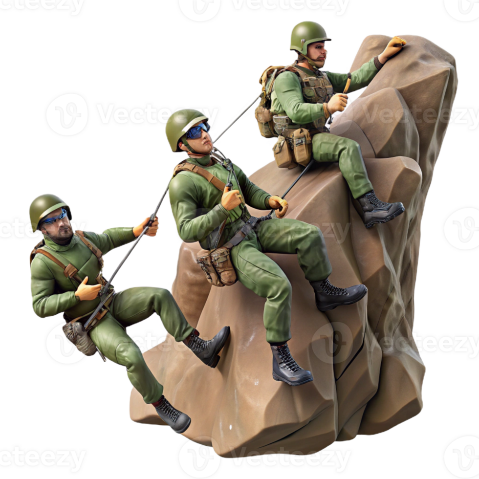 vibrant minimalist A group of soldiers rappels down a cliff face, preparing for a surprise attack. Dynamic composition, action-adventure style high resolution png