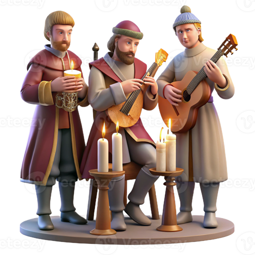 vibrant contemporary A group of medieval musicians playing lutes, harps, and flutes in a royal court, illuminated by warm candlelight, in a Renaissance painting style high resolution png