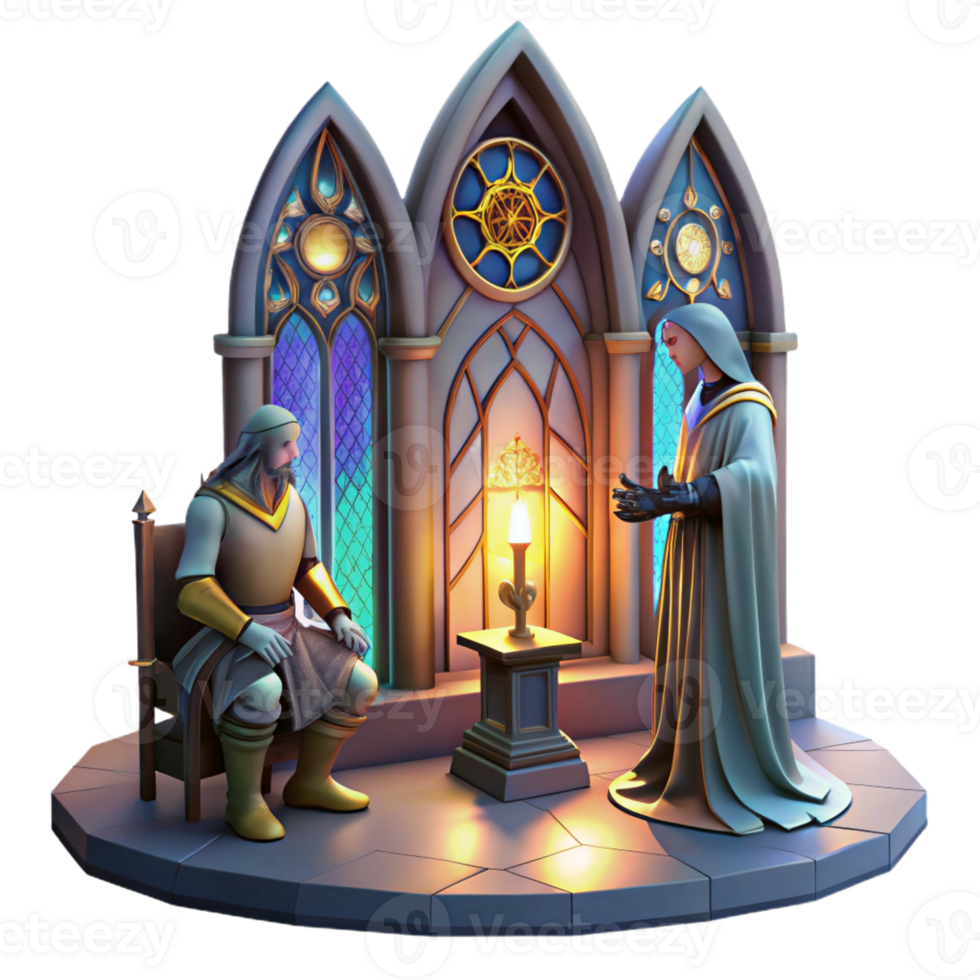 magnificent artistic A medieval knight kneeling before a king in a grand, gothic hall, lit by flickering candlelight and colorful stained-glass windows. Dramatic, painterly style premium png