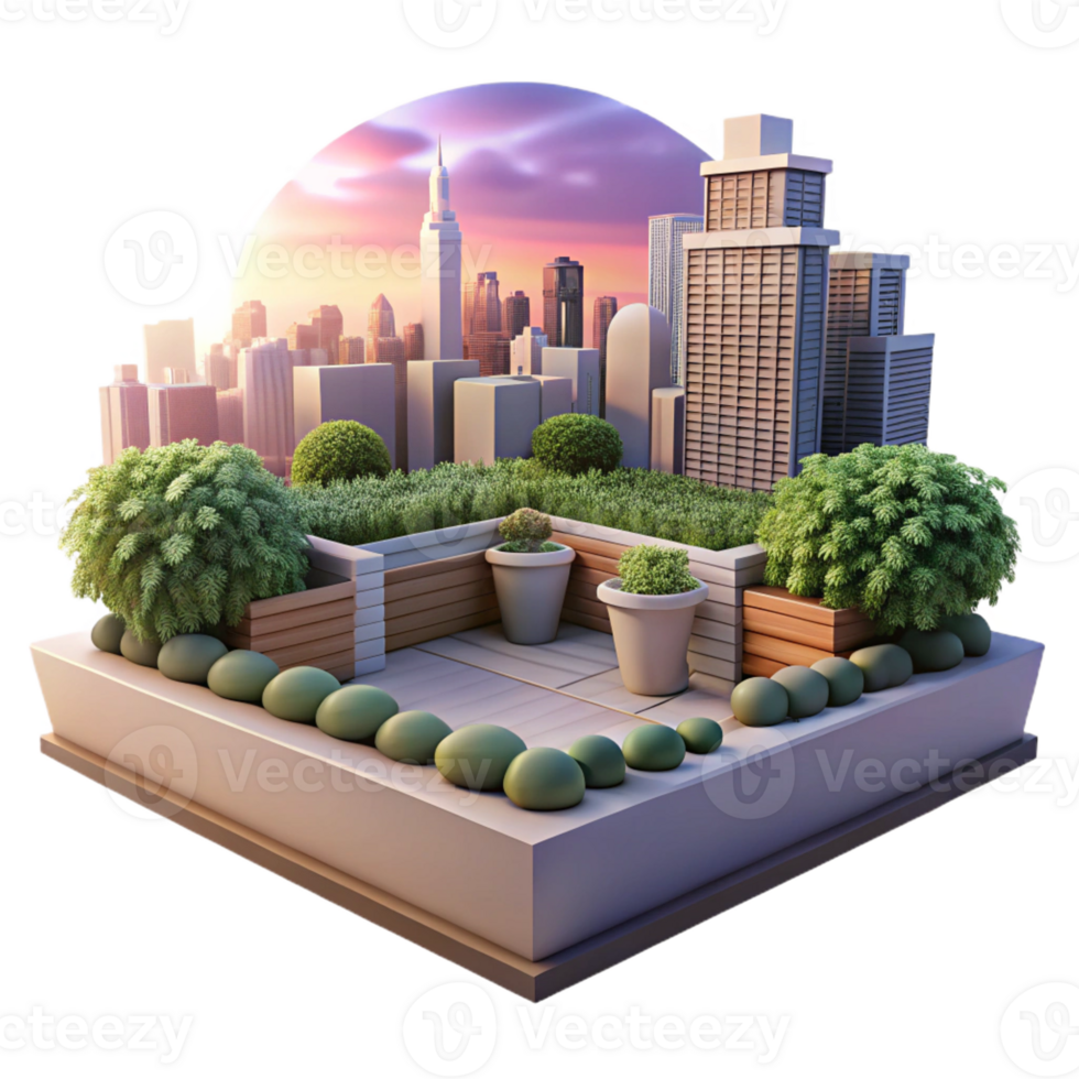 wonderful artistic Rooftop garden overlooking a bustling city, lush greenery, soft sunset light, peaceful atmosphere high resolution png