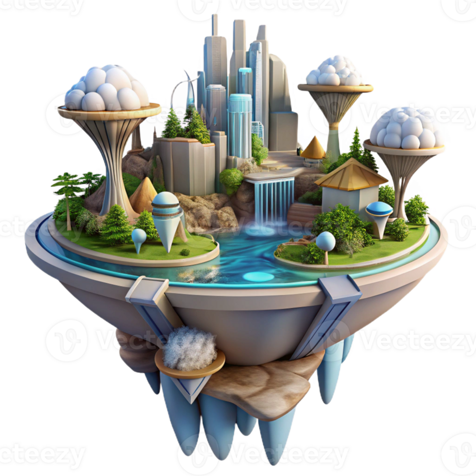 dramatic minimalist Floating island city, interconnected platforms, waterfalls, lush vegetation, utopian vision, digital art, original png