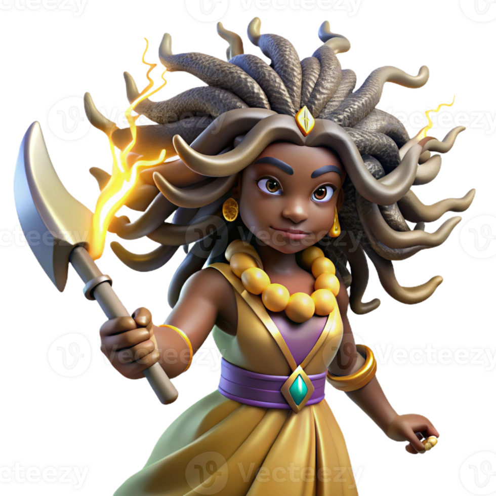 impressive rustic A powerful Yoruba Oya, goddess of wind and storms, with swirling hair and robes, wielding a machete. African art style, dramatic lighting high quality png