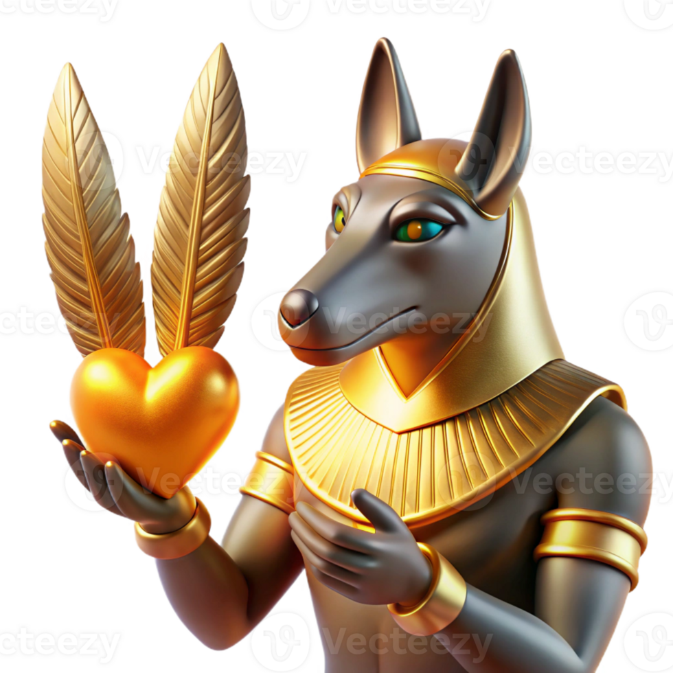 impressive creative A wise Egyptian Anubis weighing a heart against a feather, bathed in the golden light of the afterlife. Hieroglyphic style premium png