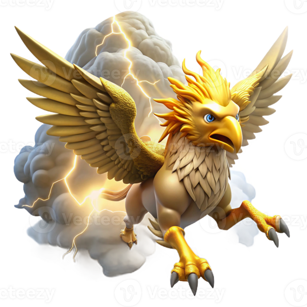 magnificent modern A majestic griffin with golden feathers and piercing amber eyes, soaring through a storm-ridden sky, lightning illuminating its form, epic and dramatic style premium png