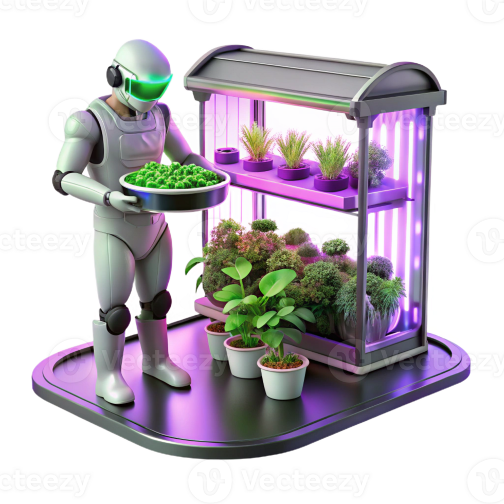 extraordinary vintage A robotic gardener tending to a futuristic vertical farm, bathed in the purple glow of grow lights. Sci-fi illustration style genuine png