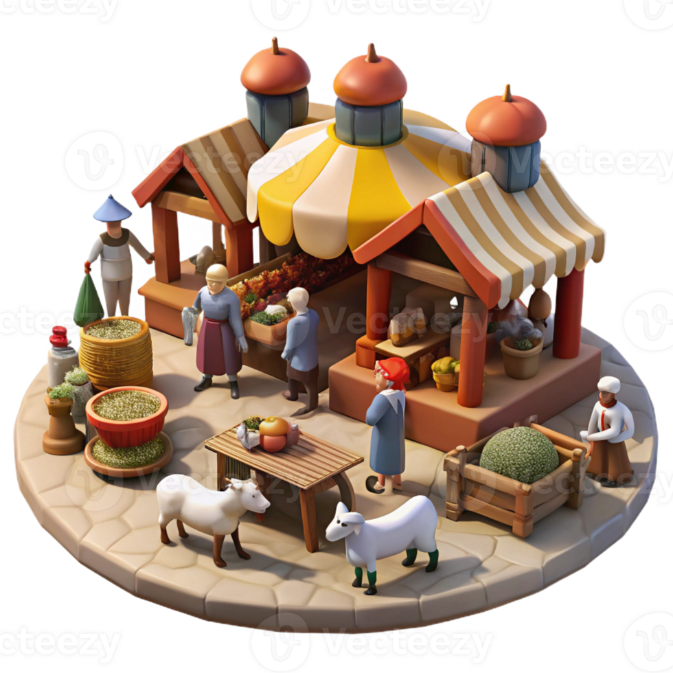 vibrant rustic A bustling medieval marketplace filled with merchants, peasants, and livestock, under a bright, midday sun, in the style of a Flemish tapestry high resolution png