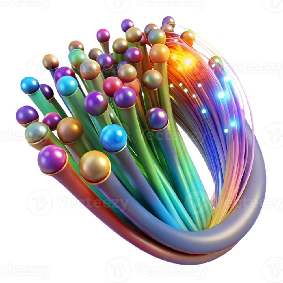 vibrant modern A complex network of fiber optic cables transmitting data, illuminated by vibrant streaks of multicolored light, in a futuristic, abstract style genuine png