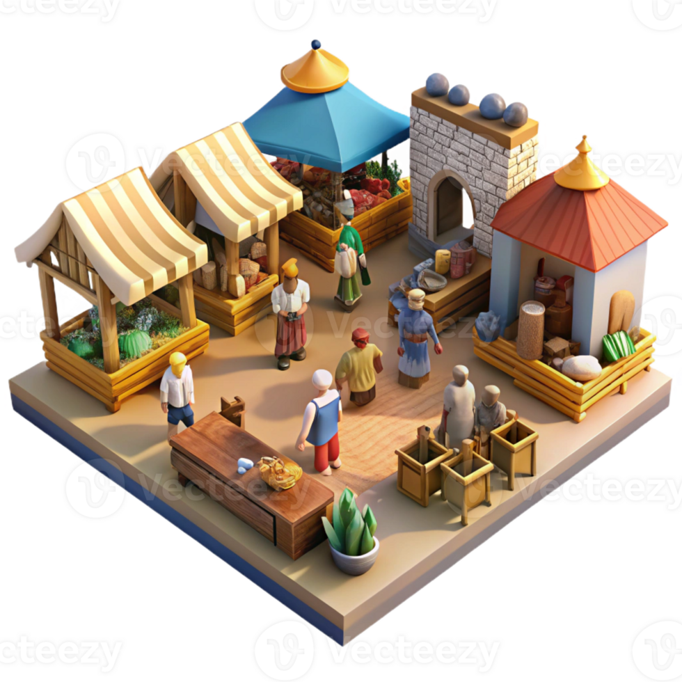 stunning creative A bustling medieval marketplace filled with merchants, peasants, and livestock, under a bright, midday sun, in the style of a Flemish tapestry original png