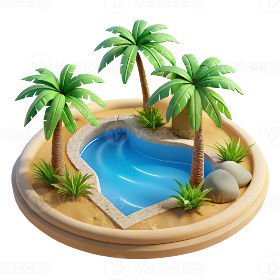 stunning modern A desert oasis with palm trees and a clear blue pool, vibrant and refreshing, photorealistic style genuine png