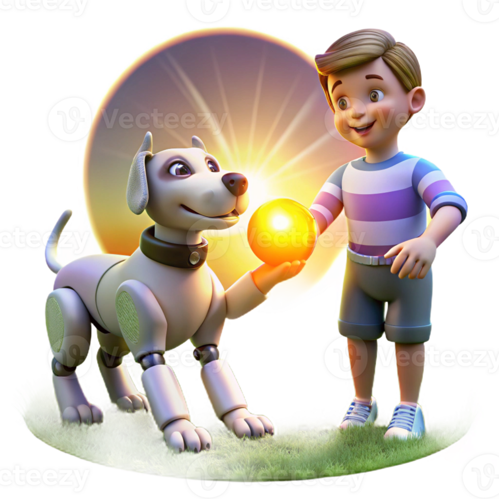 magnificent abstract A robotic dog playing fetch with a child in a sun-drenched park, lens flare adding a warm glow. Lifestyle photography style 4K png