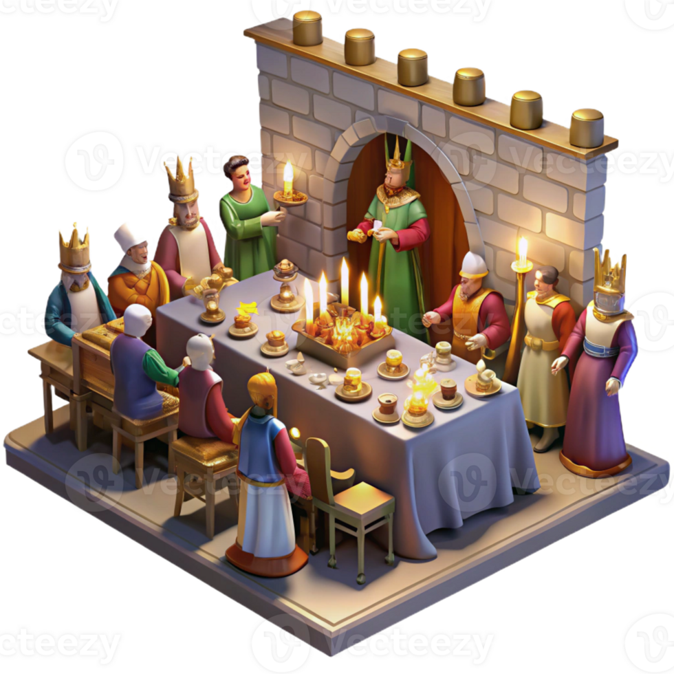 serene vintage A medieval feast in a grand hall, with nobles and servants, laden tables, and musicians, illuminated by flickering torchlight, in a Renaissance painting style detailed png