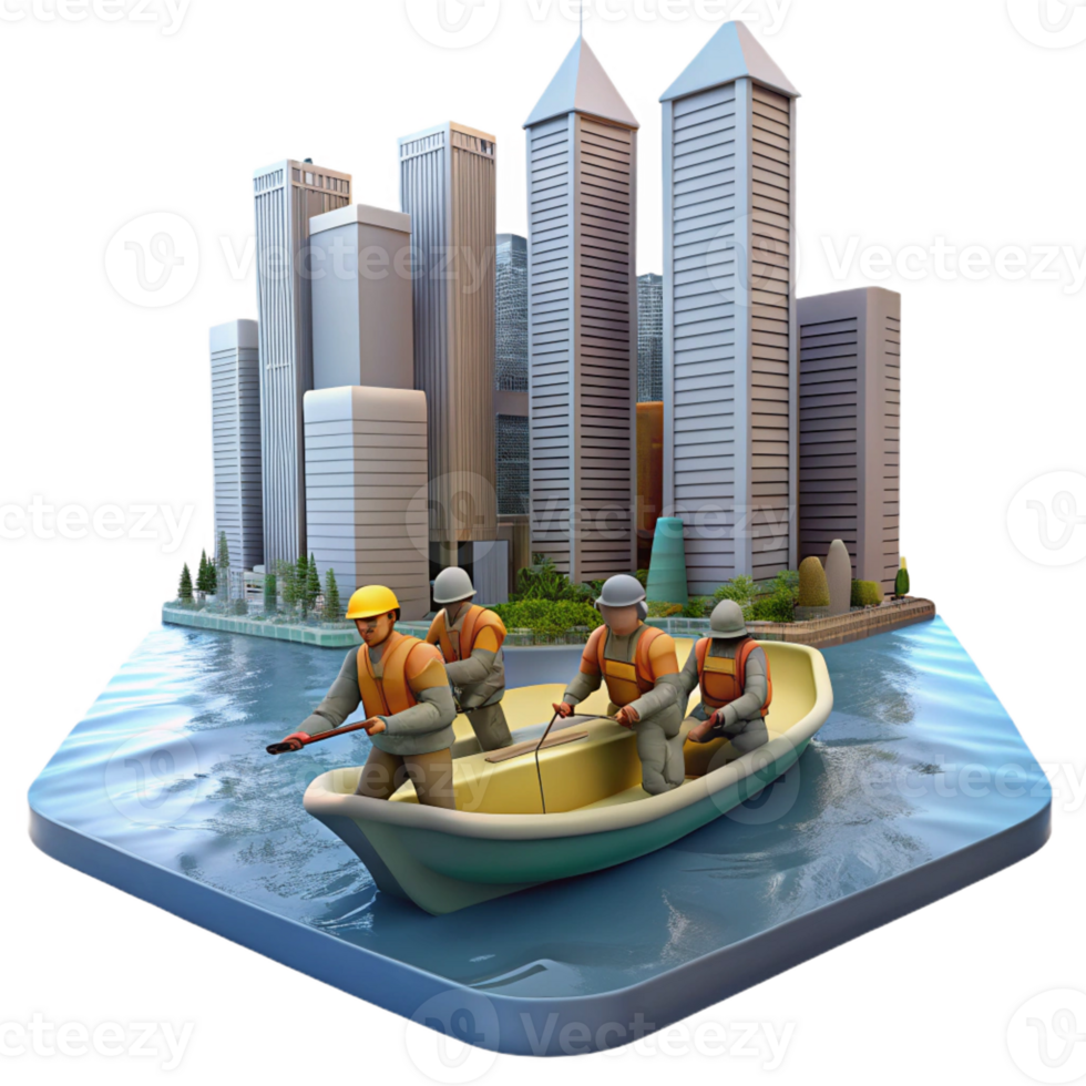 elegant vintage A group of survivors sailing on a makeshift raft down a flooded river, past submerged skyscrapers. Dreary, overcast lighting, survivalist theme professional png