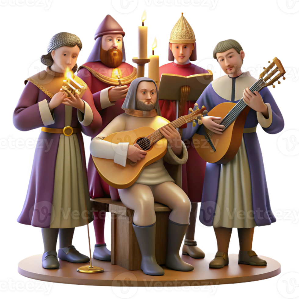 stunning artistic A group of medieval musicians playing lutes, harps, and flutes in a royal court, illuminated by warm candlelight, in a Renaissance painting style original png