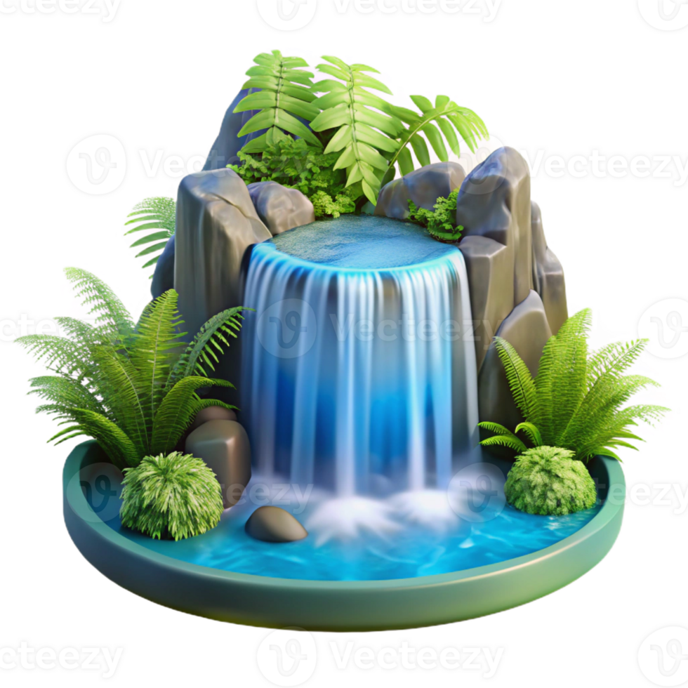 beautiful traditional A cascading waterfall plunging into a crystal-clear pool, surrounded by lush green ferns, illuminated by bright, diffused daylight. Photorealistic style genuine png