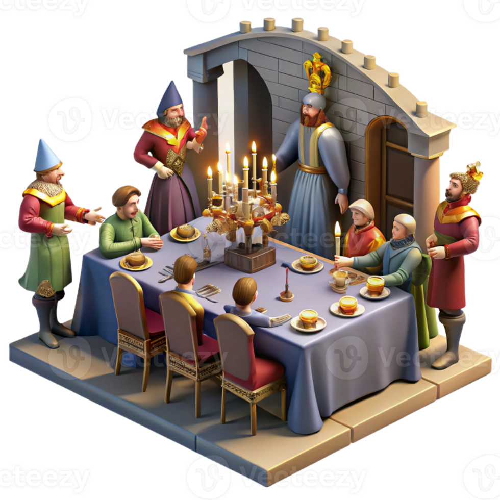 extraordinary vintage A medieval feast in a grand hall, with nobles and servants, laden tables, and musicians, illuminated by flickering torchlight, in a Renaissance painting style 4K png
