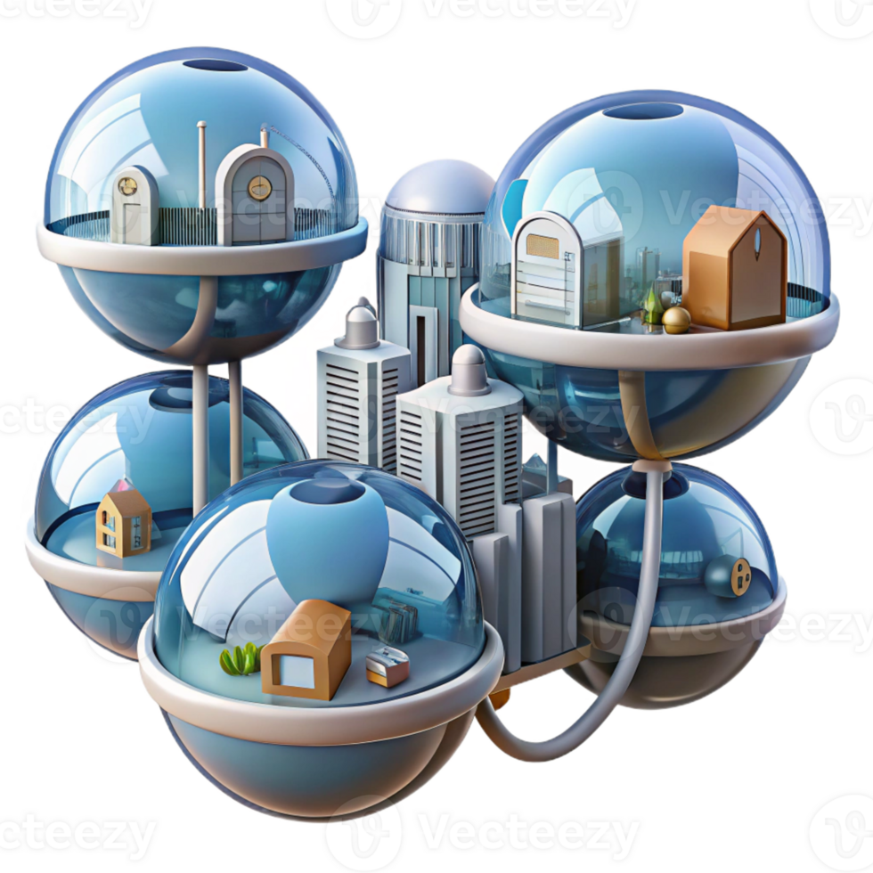 dramatic minimalist Floating spherical homes, interconnected by transparent tubes, futuristic cityscape, digital illustration exclusive png