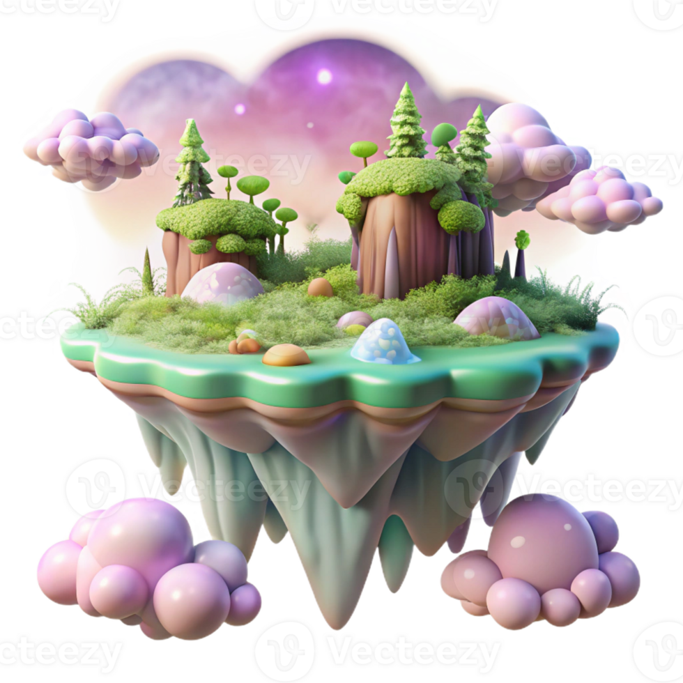 stunning classic A floating island, covered in lush vegetation, drifting through a pastel-colored sky. Dreamlike, soft lighting. Fantasy art style detailed png