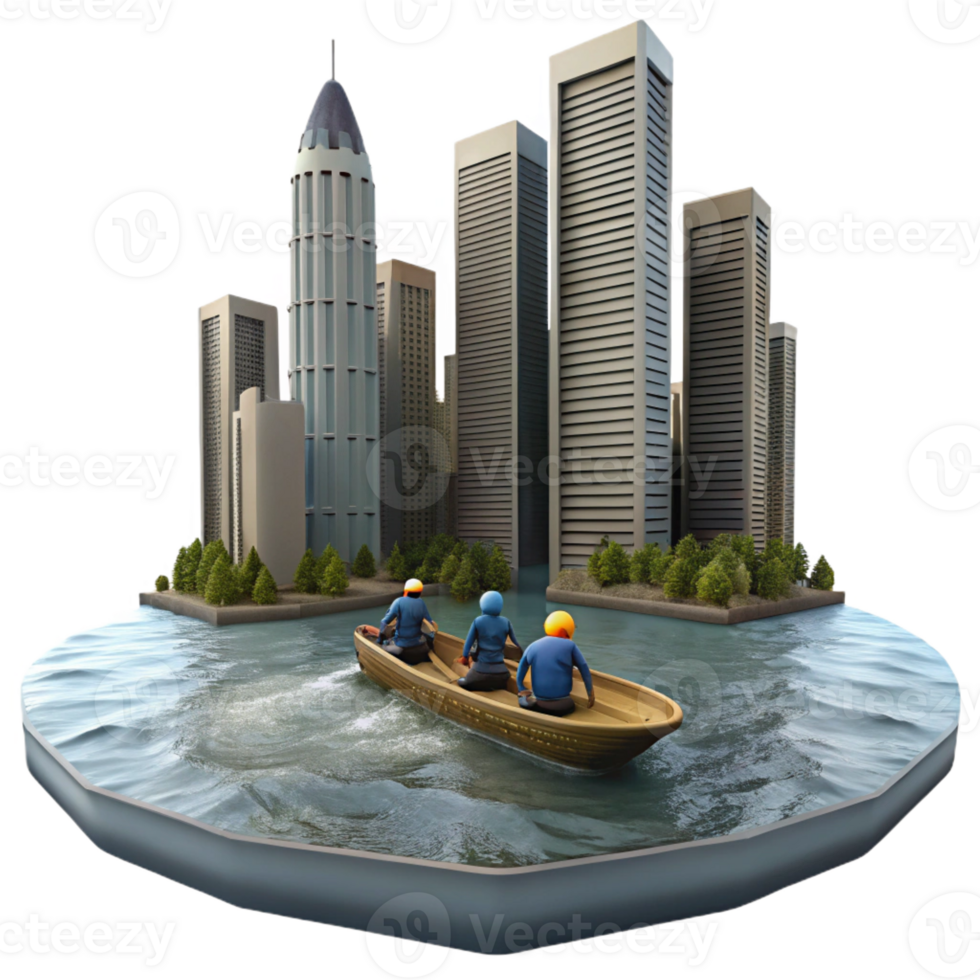 elegant traditional A group of survivors sailing on a makeshift raft down a flooded river, past submerged skyscrapers. Dreary, overcast lighting, survivalist theme exclusive png
