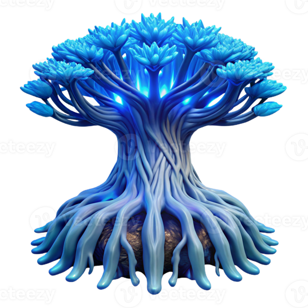stunning modern Intricate root system of a giant redwood tree, glowing with bioluminescent blue light, viewed from below, ethereal and otherworldly, art nouveau style, high contrast detailed png