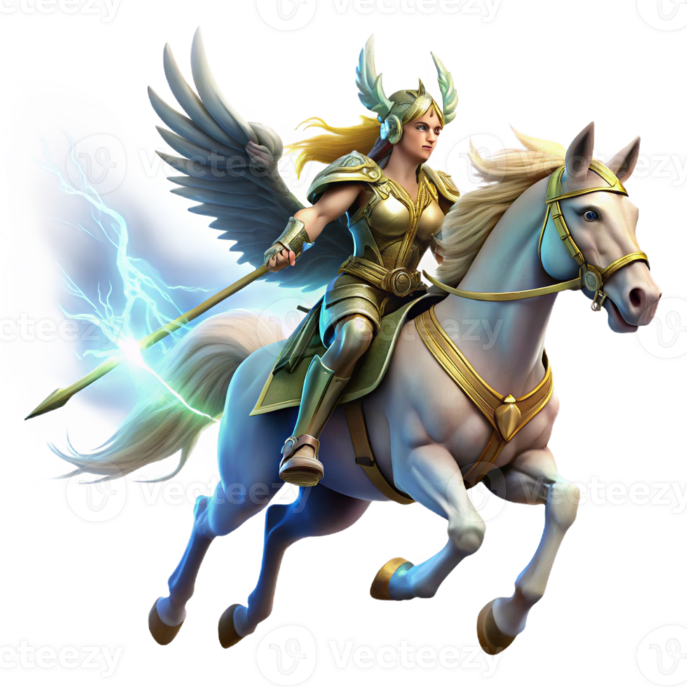 magnificent rustic A stoic Norse Valkyrie riding a winged horse through a storm, clad in gleaming armor, brandishing a glowing spear. Realistic style, dynamic lighting premium png