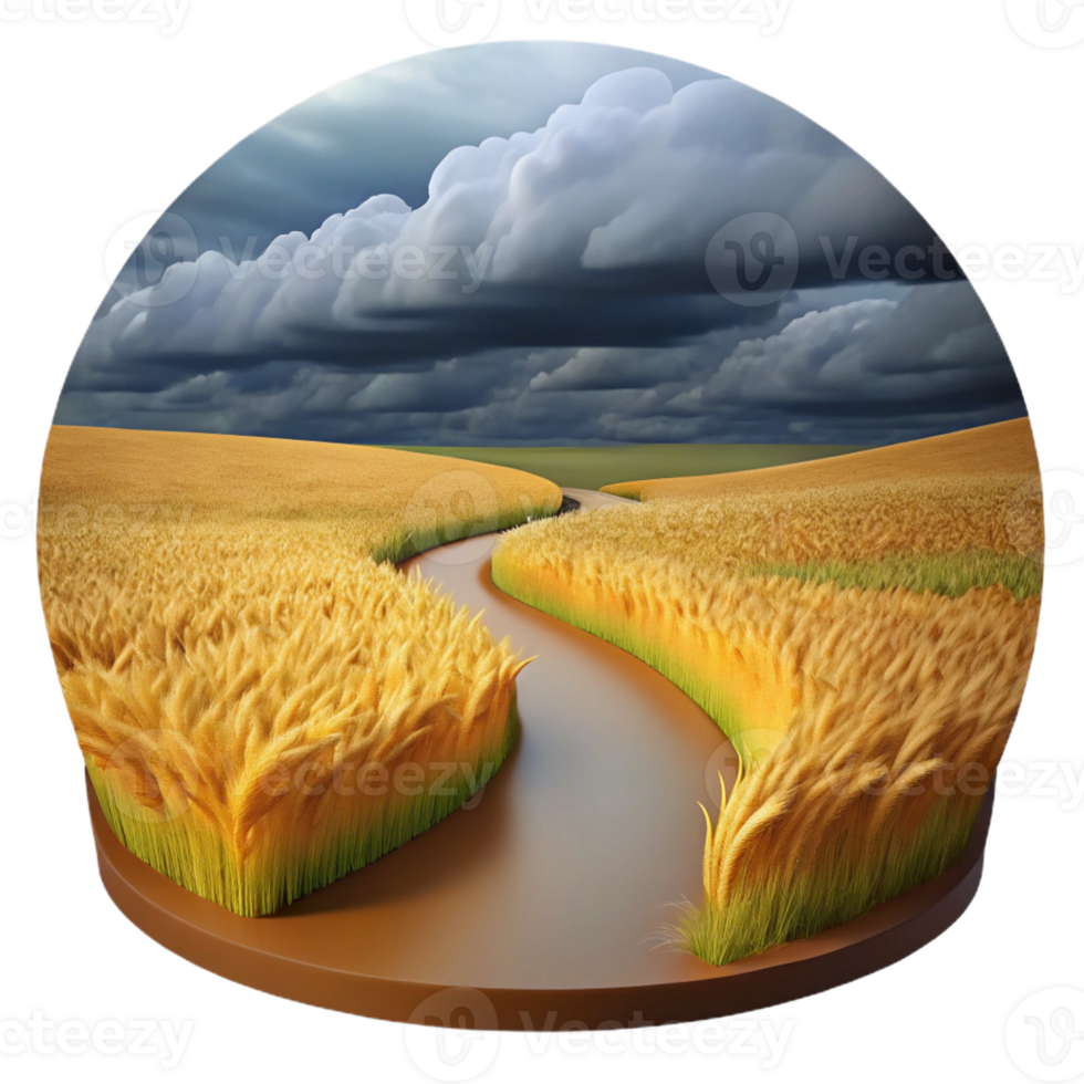 wonderful traditional A winding dirt path through a field of tall, golden wheat, under a dramatic, stormy sky. Impressionist style detailed png