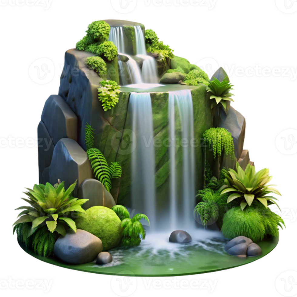 wonderful modern A cascading waterfall surrounded by lush green moss and ferns, long exposure photography, ethereal lighting authentic png