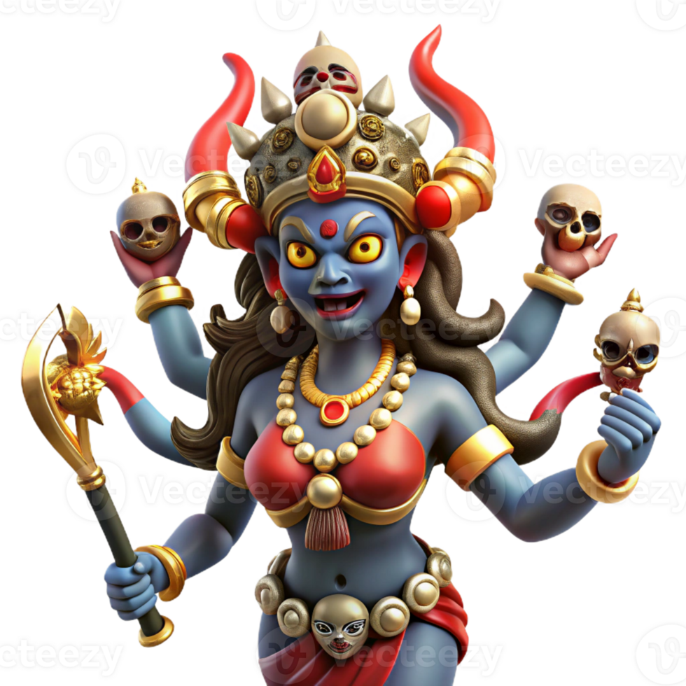 beautiful traditional A fierce Hindu goddess Kali, with multiple arms wielding weapons, adorned with skulls, dancing on a prostrate demon. Vibrant, intricate style genuine png
