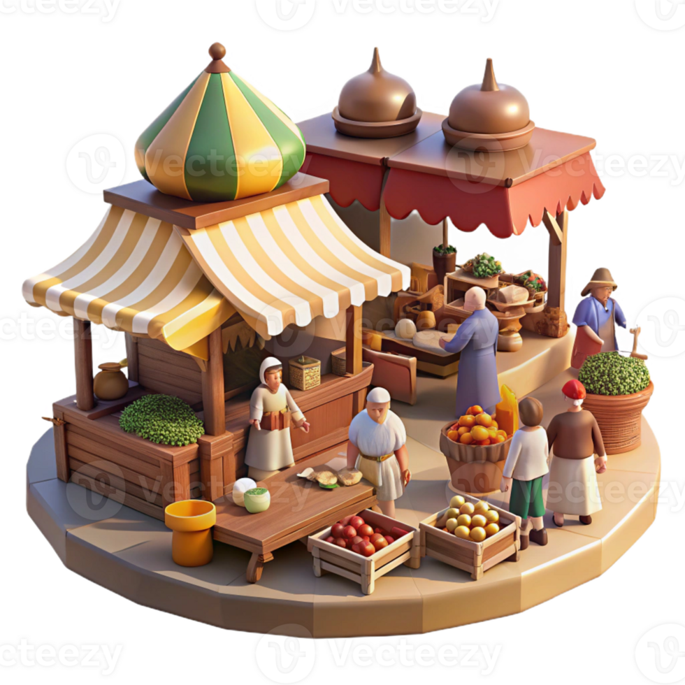beautiful creative A bustling medieval marketplace filled with merchants, peasants, and livestock, under a bright, midday sun, in the style of a Flemish tapestry high quality png