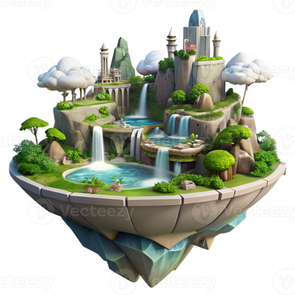 impressive rustic Floating island city, interconnected platforms, waterfalls, lush vegetation, utopian vision, digital art, authentic png