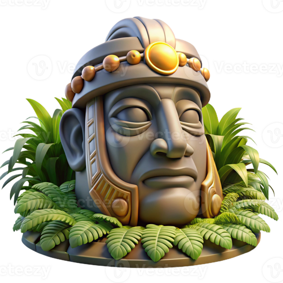 elegant rustic A colossal Olmec head statue, intricately carved, partially buried in jungle foliage, golden hour lighting, photorealistic style, professional png