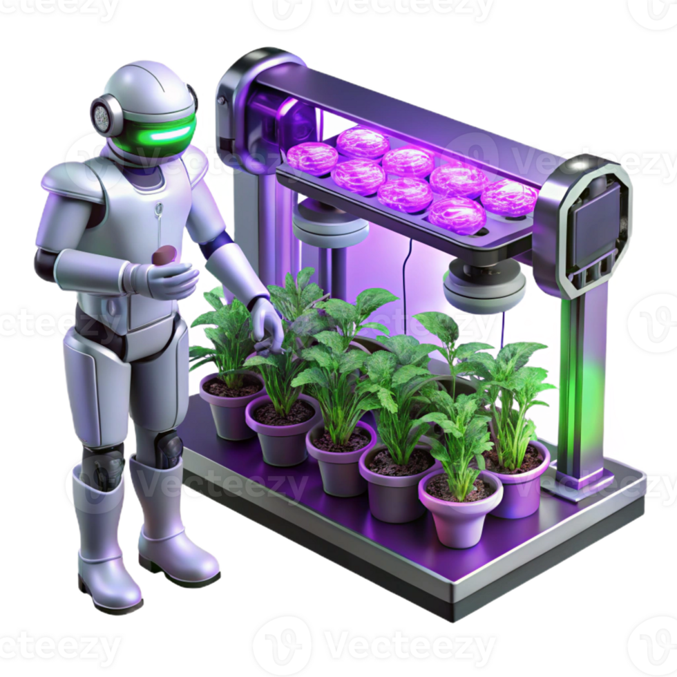 beautiful traditional A robotic gardener tending to a futuristic vertical farm, bathed in the purple glow of grow lights. Sci-fi illustration style high resolution png