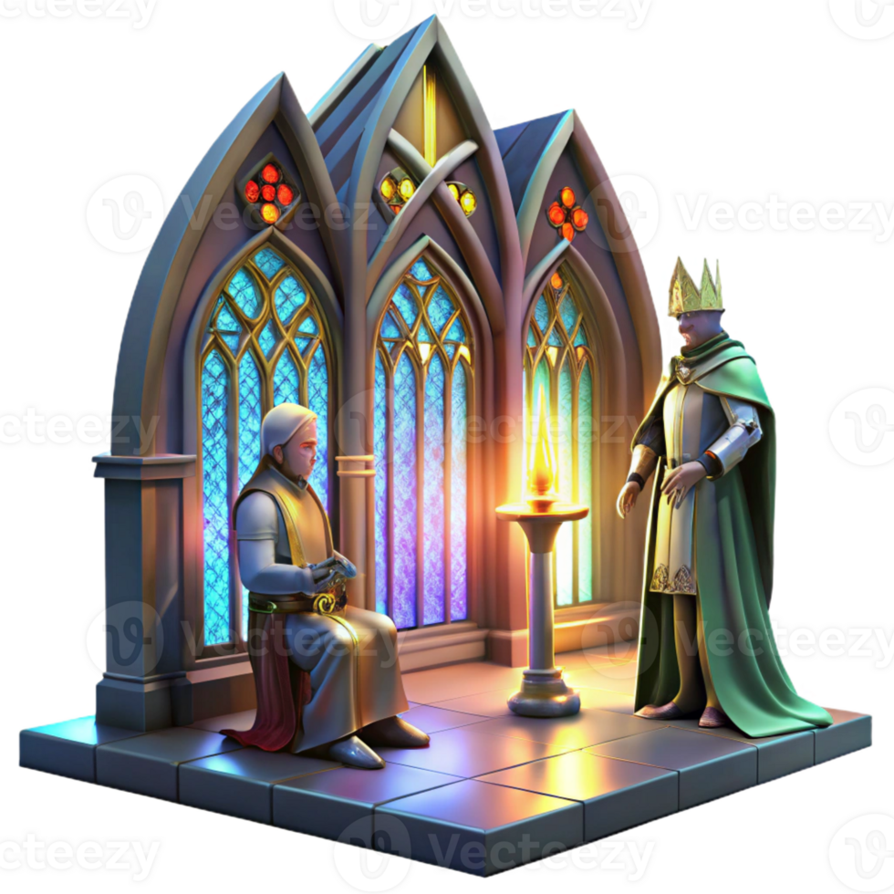 serene abstract A medieval knight kneeling before a king in a grand, gothic hall, lit by flickering candlelight and colorful stained-glass windows. Dramatic, painterly style high resolution png