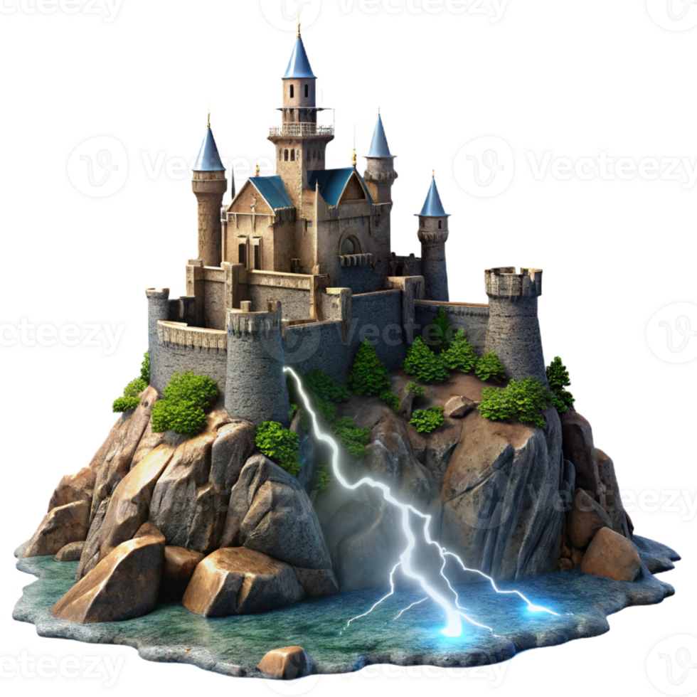 serene contemporary A majestic medieval castle perched on a craggy cliff overlooking a stormy sea, lit by flashes of lightning, in a romanticism style authentic png