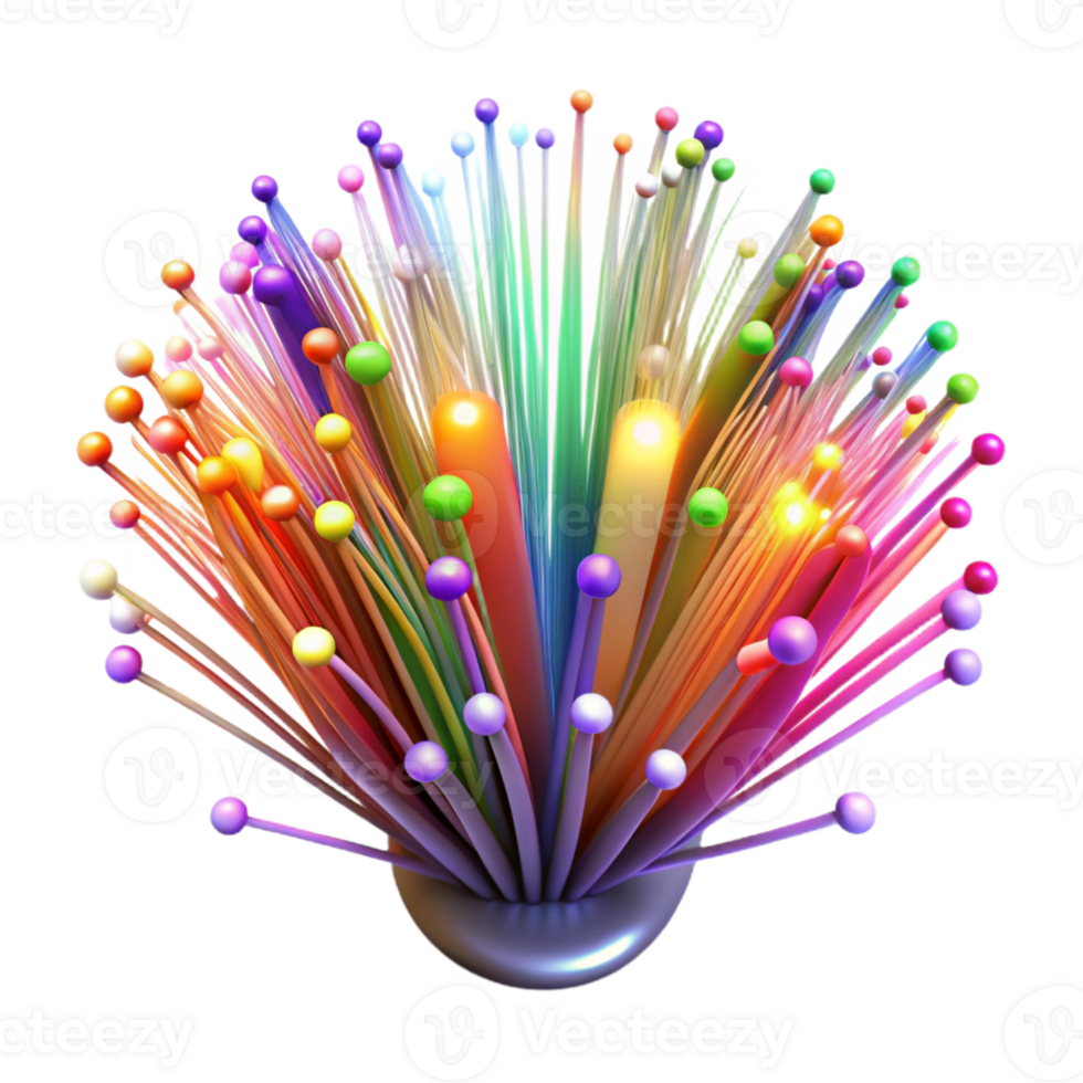 wonderful artistic A complex network of fiber optic cables transmitting data, illuminated by vibrant streaks of multicolored light, in a futuristic, abstract style detailed png
