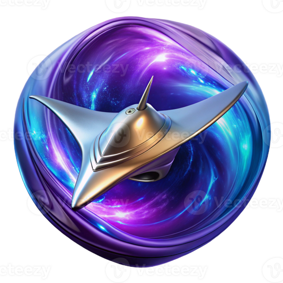 elegant abstract A sleek, chrome spaceship, shaped like a manta ray, soars through a swirling vortex of vibrant purple and blue nebulae. Dramatic, contrasting lighting. Art Deco style exclusive png