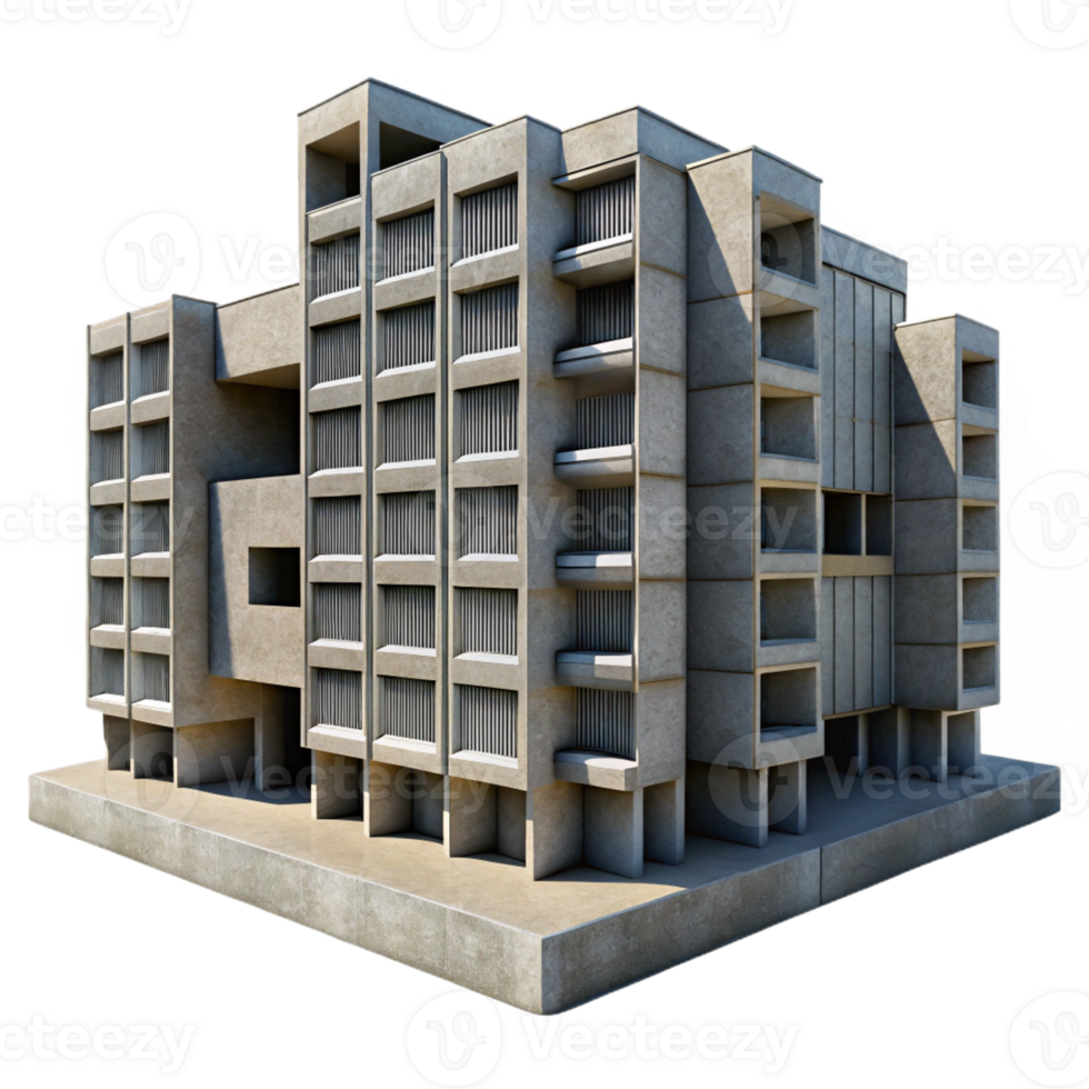 dramatic contemporary Brutalist concrete apartment complex, repetitive geometric patterns, harsh shadows, urban photography style high resolution png
