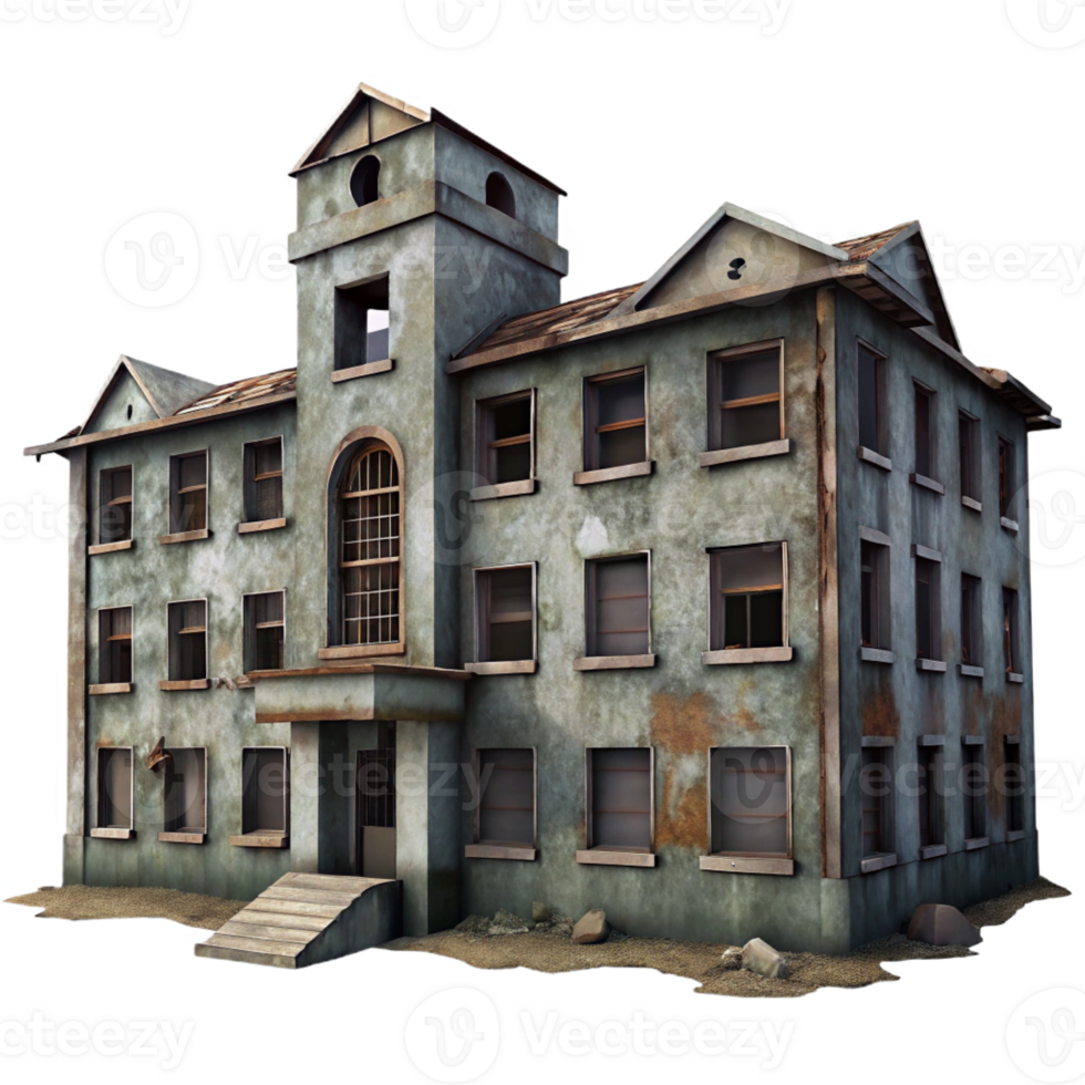magnificent artistic A decrepit, abandoned asylum with broken windows and peeling paint. Overcast daylight, desaturated colors. Psychological horror, urban decay style 4K png