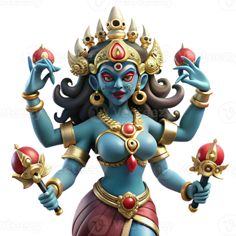 beautiful modern A fierce Hindu goddess Kali, with multiple arms wielding weapons, adorned with skulls, dancing on a prostrate demon. Vibrant, intricate style original png