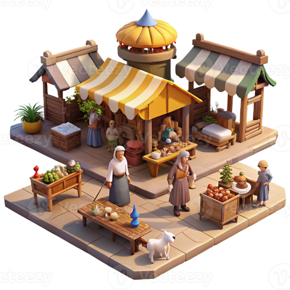 wonderful artistic A bustling medieval marketplace filled with merchants, peasants, and livestock, under a bright, midday sun, in the style of a Flemish tapestry professional png