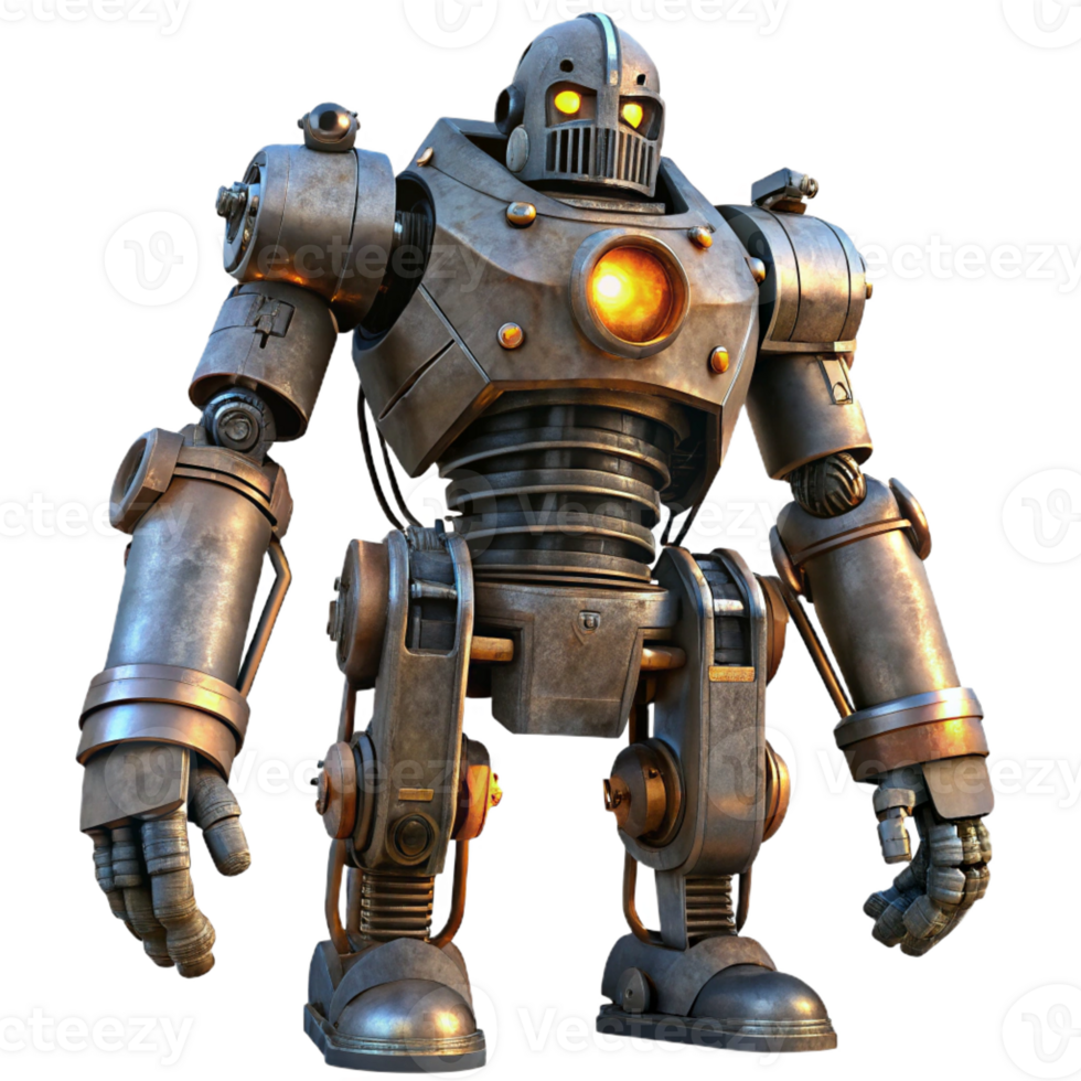 serene contemporary A giant robot, constructed from scrap metal and glowing wires, stands guard over a desolate, alien landscape. Harsh, industrial lighting. Dieselpunk style premium png