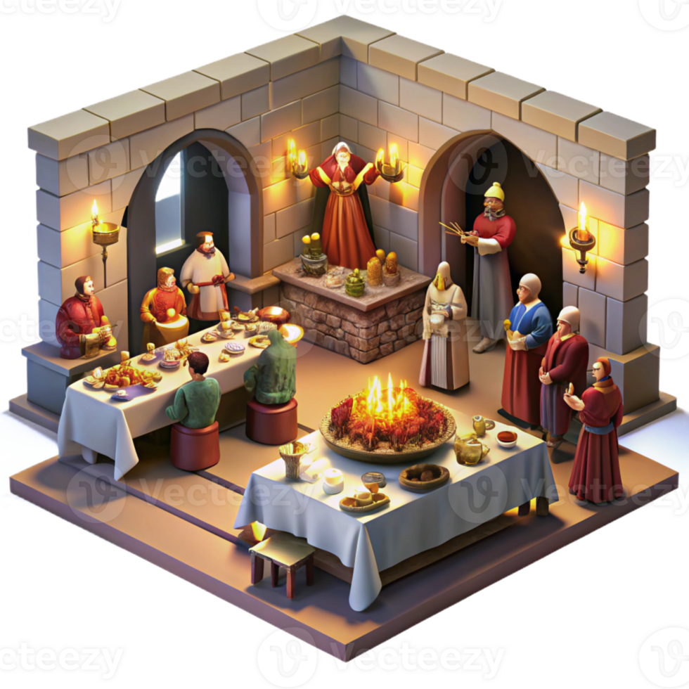 stunning artistic A medieval feast in a grand hall, with nobles and servants, laden tables, and musicians, illuminated by flickering torchlight, in a Renaissance painting style high quality png