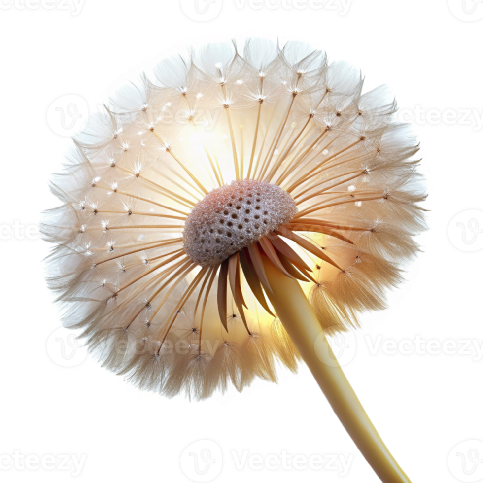 magnificent contemporary A dew-kissed dandelion seedhead, moments before dispersing in the wind, lit by a soft golden backlight. Macro photography style detailed png