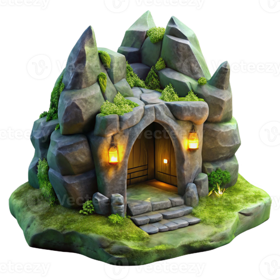 wonderful artistic Subterranean dwelling, carved into rock face, glowing moss, mystical ambiance, fantasy art style, professional png